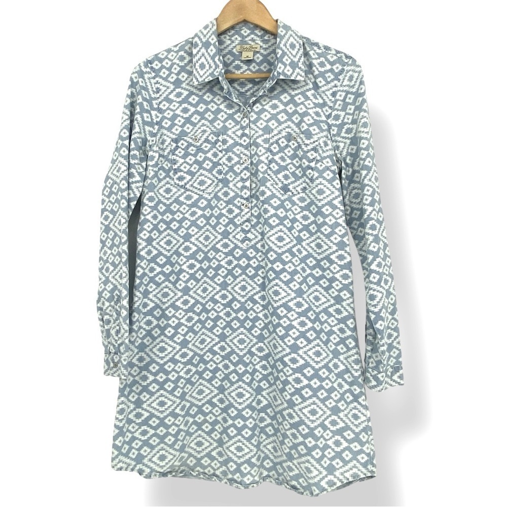Lucky Brand Southwest Pattern Blue White Button Down LS Women's Dress, Medium - Picture 2 of 13